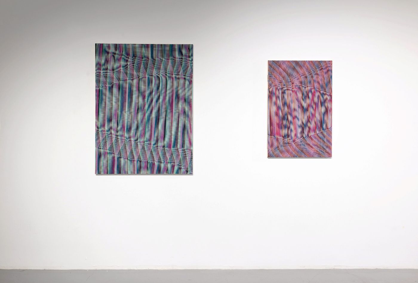 left to right: Violent Heart, Warm Blooded, 2021. Flashe vinyl acrylic on canvas; 36 x 48 in., 24 x 36 in. Photo: Allison Minto.