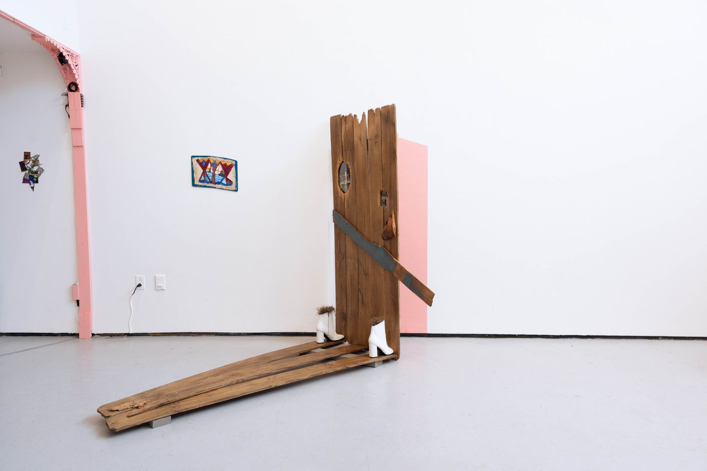 Step In, Dam It!, 2022. Found wood, Karen’s shoes, spanish moss, inkjet photos. Photo: Allison Minto.