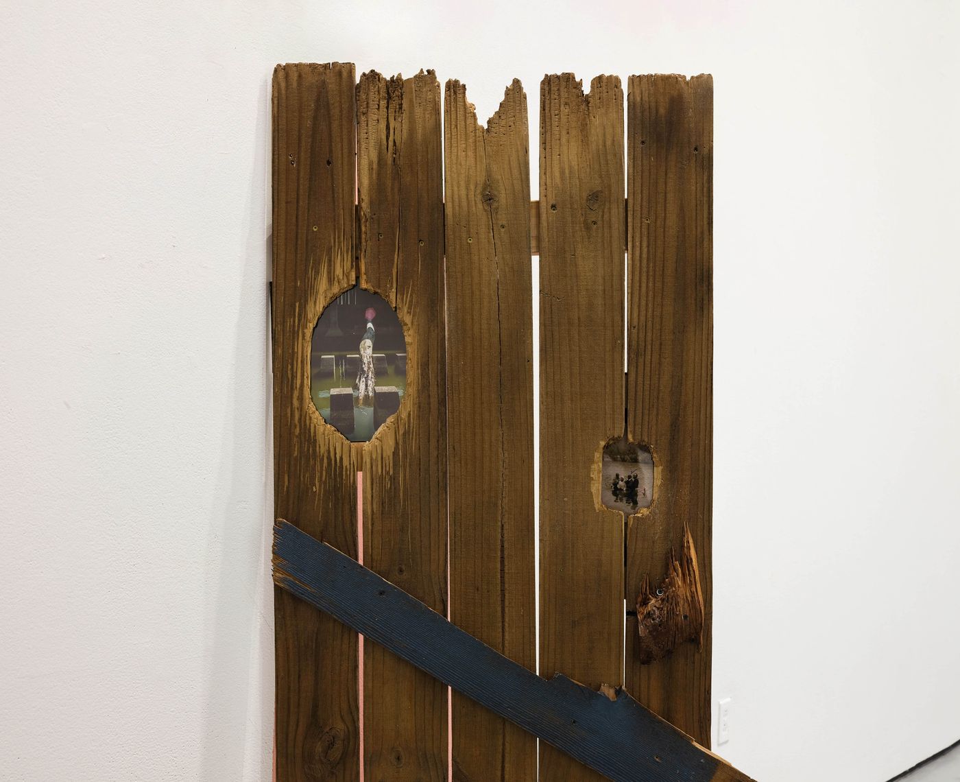 Step In, Dam It! (detail), 2022. Found wood, Karen’s shoes, spanish moss, inkjet photos. Photo: Amartya De.