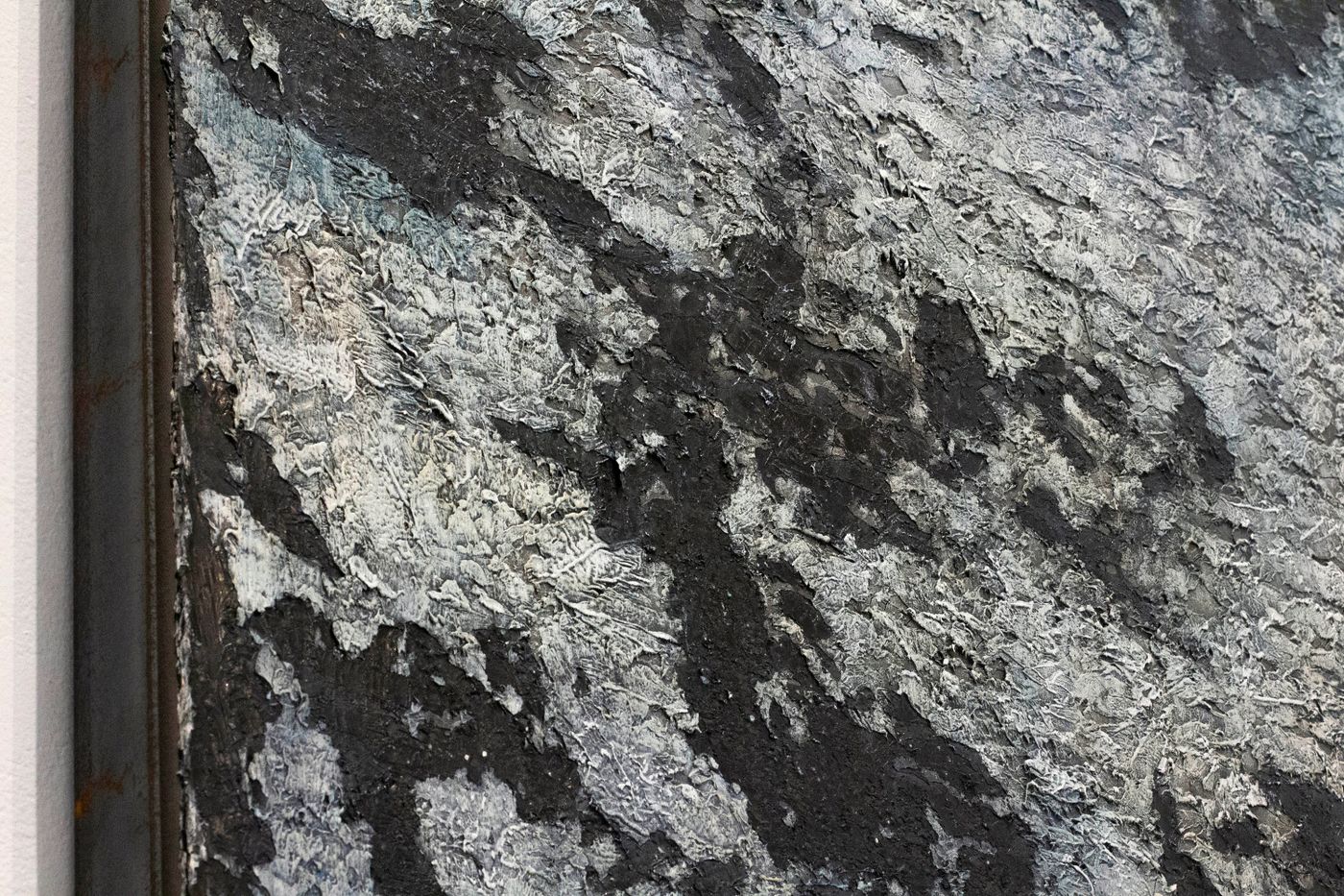 To the Cycles of Frost and Thaw (detail), 2021-2022. Oil, calcium carbonate, graphite, polymer, silver nitrate, and ferrous oxalate on canvas with steel frame; 217 x 97 in. Photo courtesy the artist.