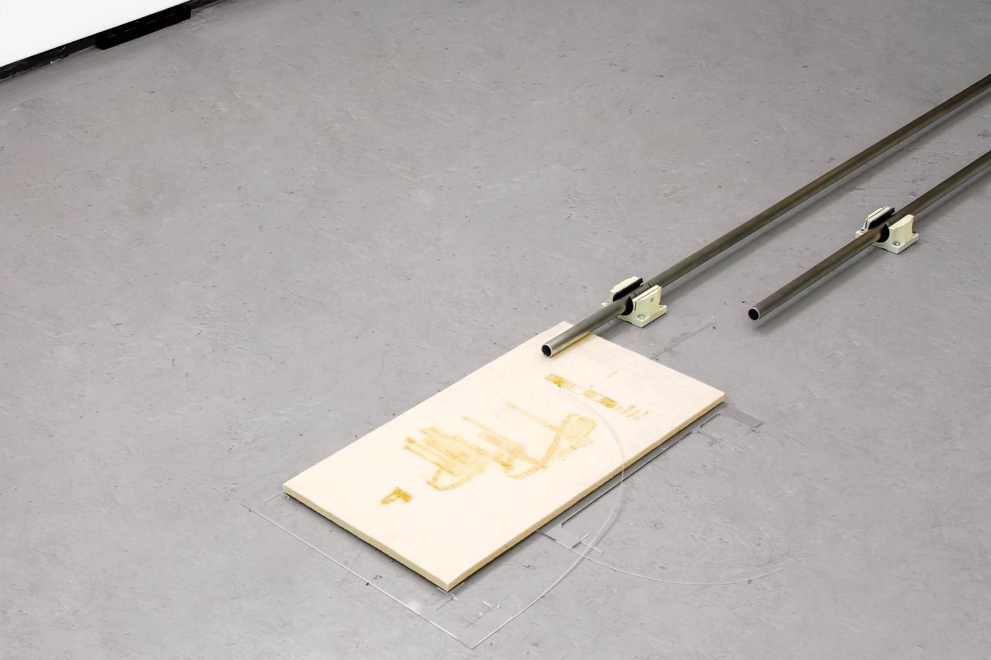 Detail of An Hour Isn’t Only an Hour (iteration no.2), 2022. Laser etched industrial felt, linear bearings, aluminum tube stock, plexiglass, portable scanner; felt dimensions 12 x 24 x 1/2 in. Photo courtesy the artist.