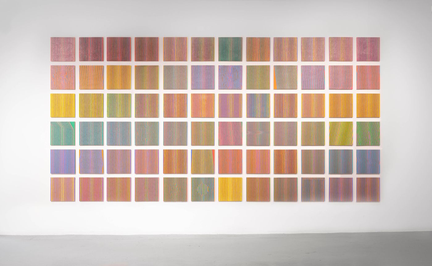 Taxonomy of Triads, 2022. Acrylic on cradled panel; 72 paintings, each 12 x 12 in. Photo: Allison Minto.