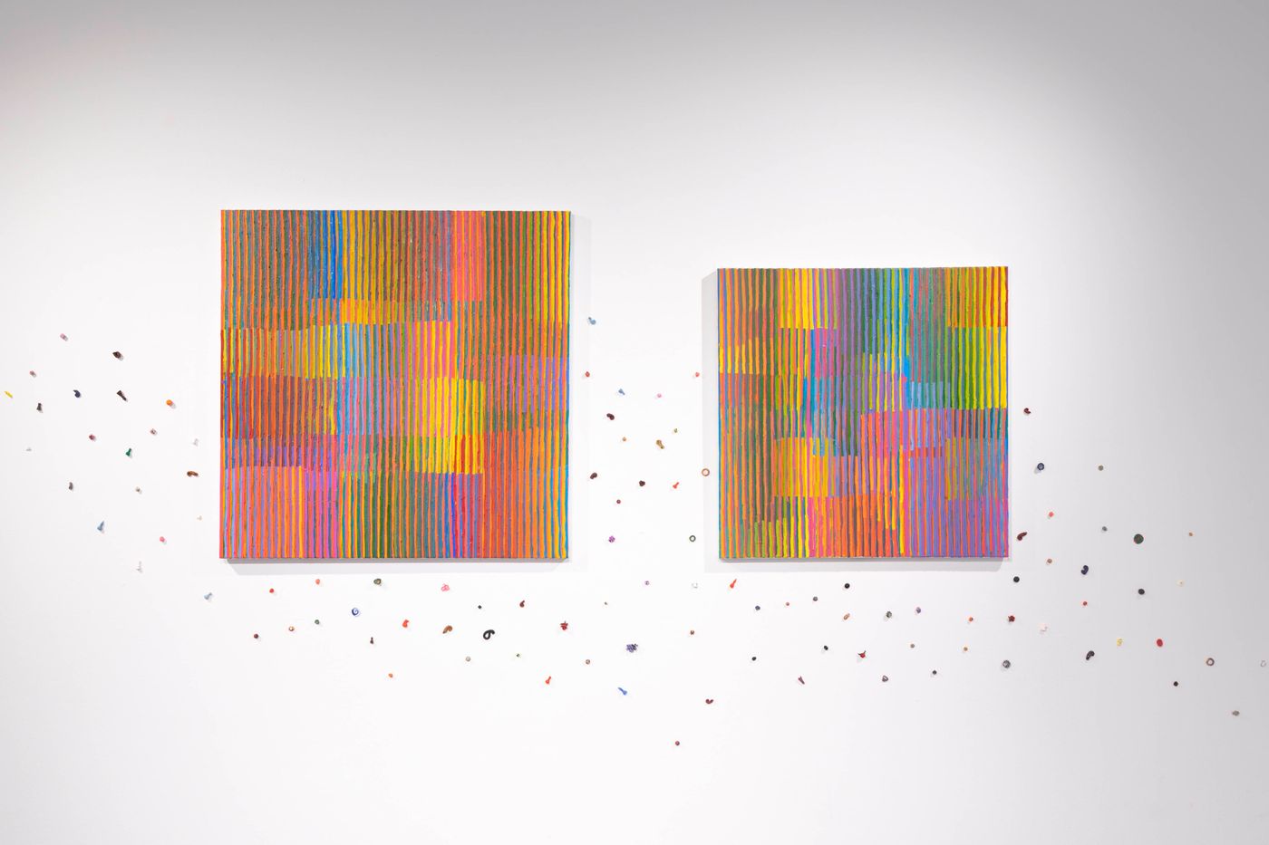 Particulate Utterance, 2020-2022. Oil on canvas, polymer clay; 36 x 36 in. and 30 x 30 in. Photo: Allison Minto.