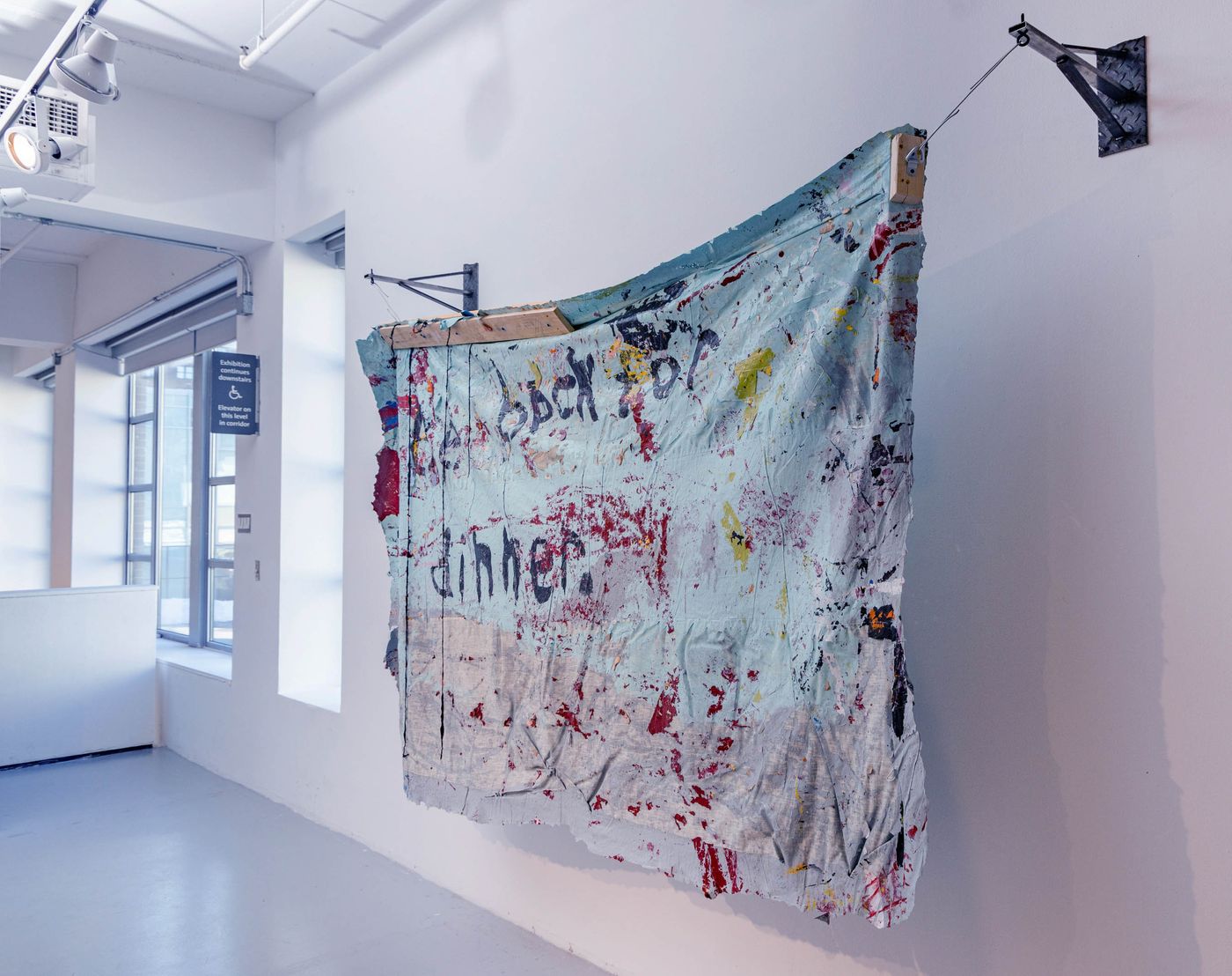 Administrator: 3598, 2021. Table cloth, wood, screws, metal, wire, latex acrylic paint; 114 x 84 x 17 in. Photo: Meghan Olson.
