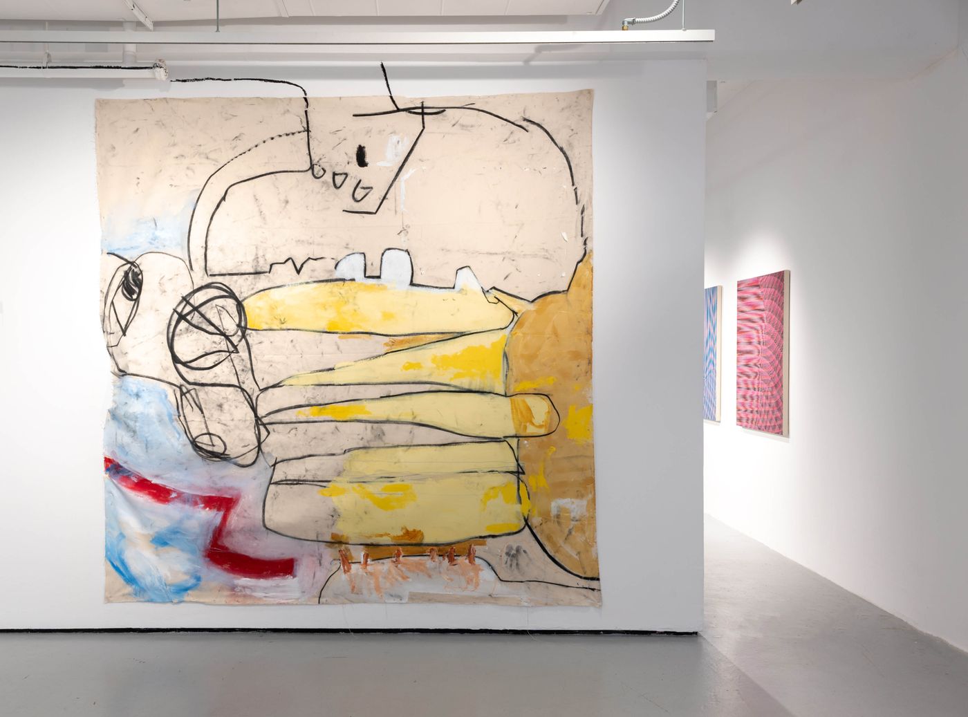 Old Ways New Balance, 2022. Charcoal, iodine, saliva, acrylic, oil pastel, on canvas; 72 x 108 in. Photo: Allison Minto.