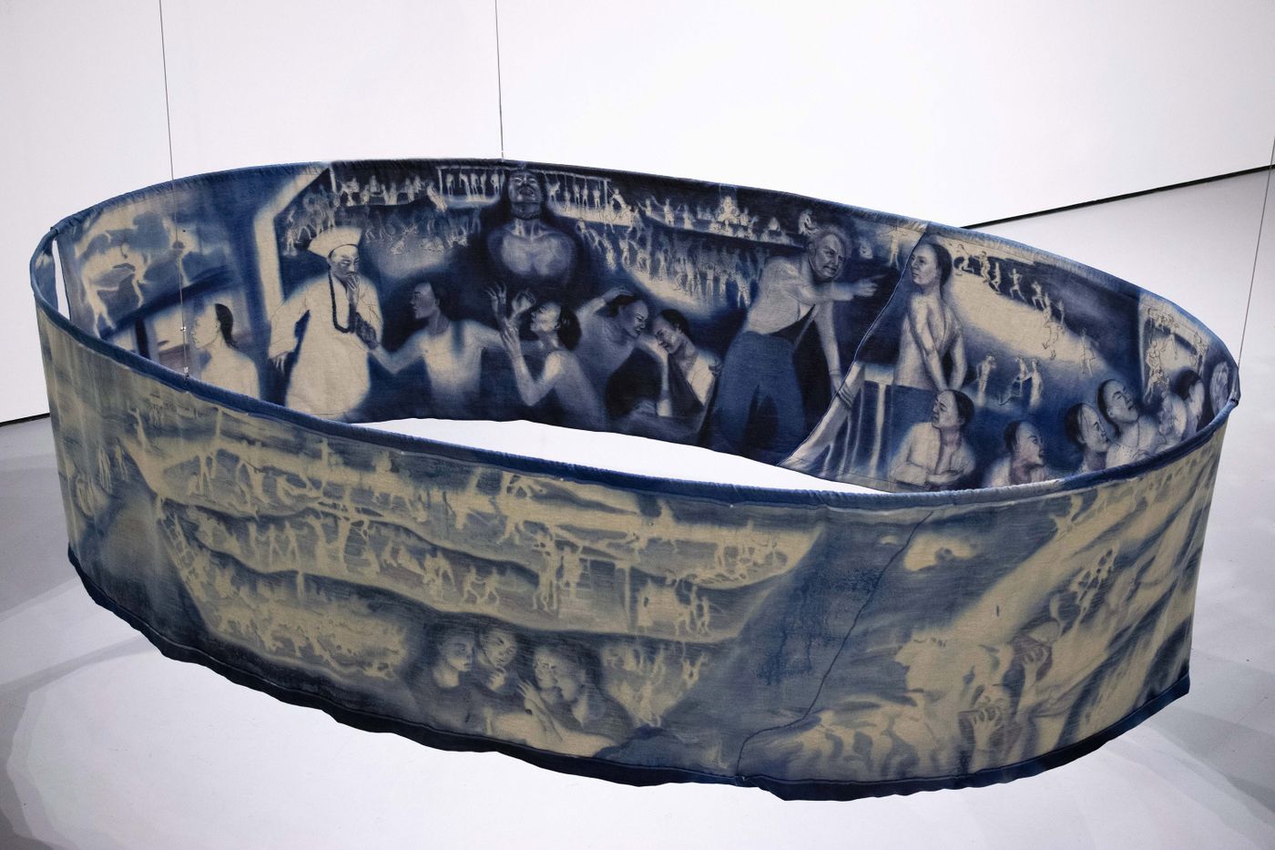 The Robert Browne, 2022. Fabric dye, charcoal, thread, linen, and steel; 78 x 96 x 168 in., painting dimensions 48 x 420 in. Photo courtesy the artist.