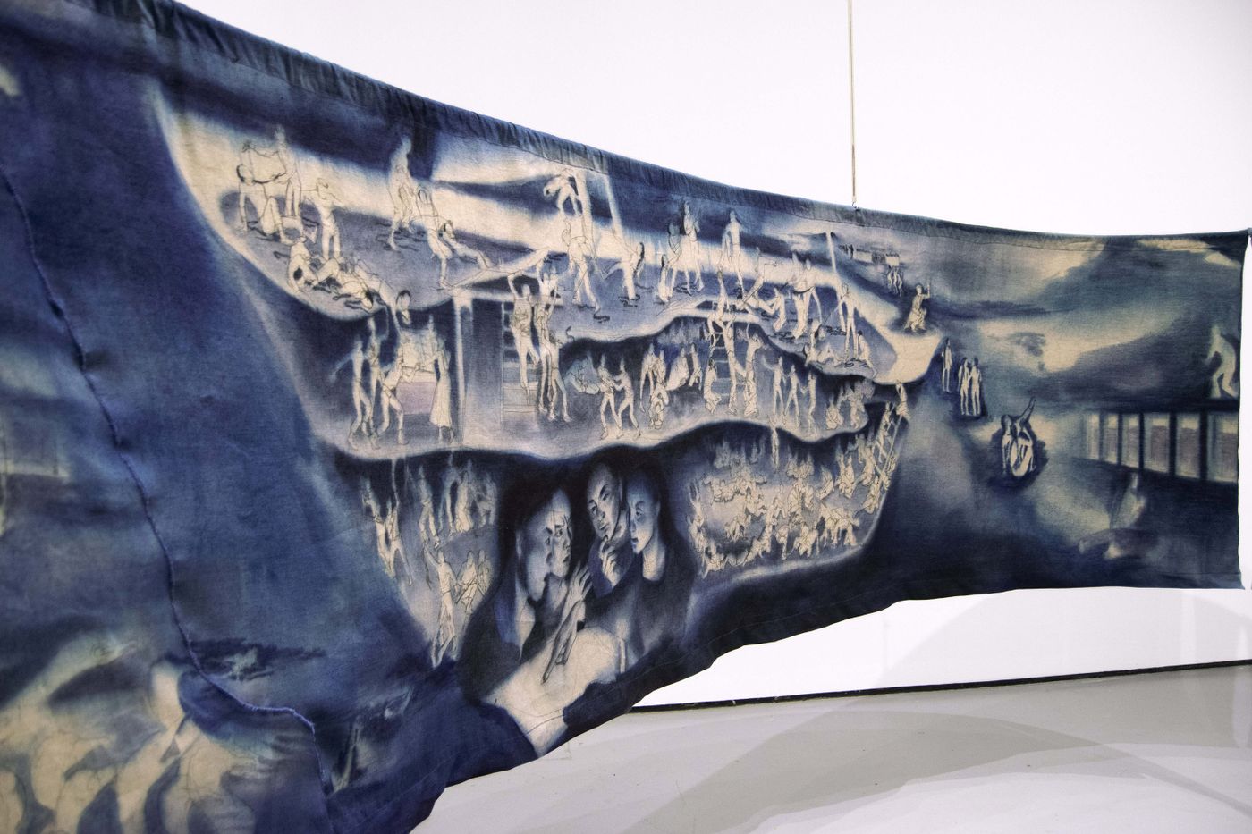 The Robert Browne (interior view), 2022. Fabric dye, charcoal, thread, linen, and steel; 78 x 96 x 168 in., painting dimensions 48 x 420 in. Photo courtesy the artist.