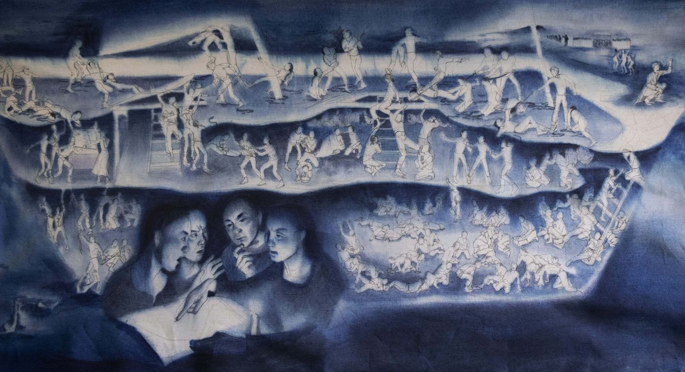 The Robert Browne (interior view, detail), 2022. Fabric dye, charcoal, thread, linen, and steel; 78 x 96 x 168 in., painting dimensions 48 x 420 in. Photo courtesy the artist.