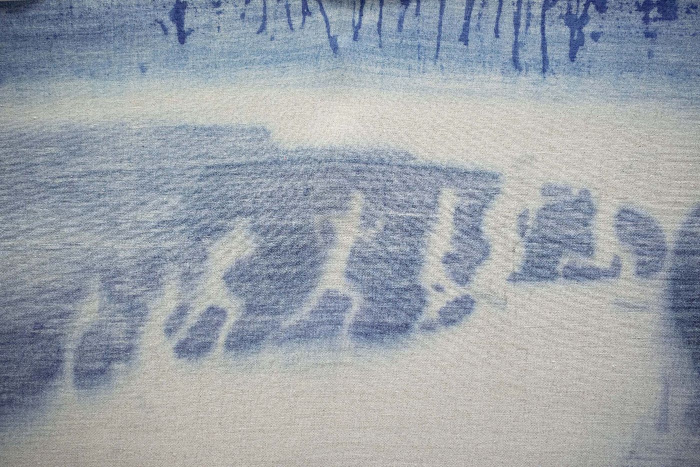 The Robert Browne (exterior view, detail), 2022. Fabric dye, charcoal, thread, linen, and steel; 78 x 96 x 168 in., painting dimensions 48 x 420 in. Photo courtesy the artist.