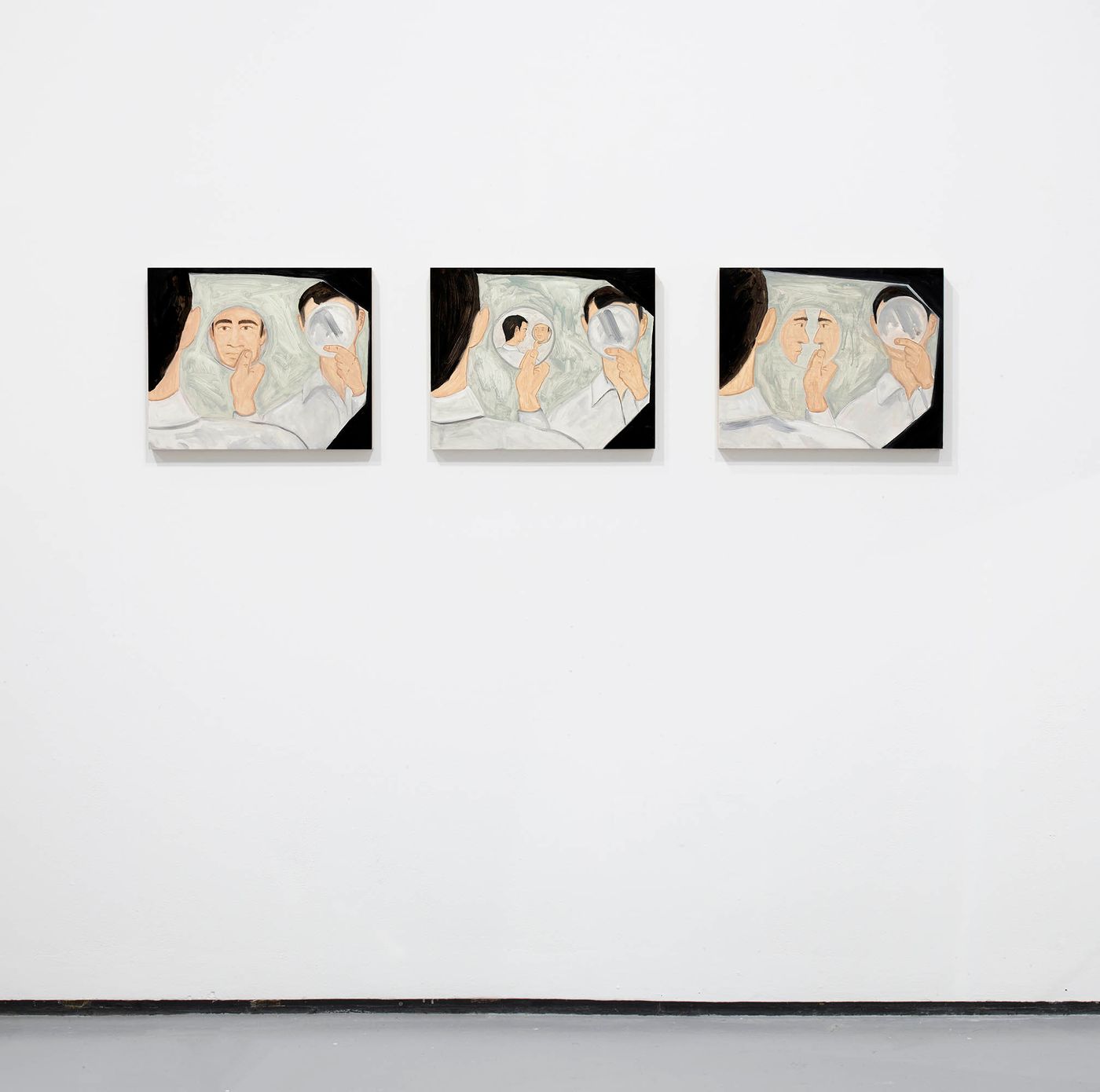 Not Who, Not Where, But What III, II, I, 2022. Oil on wood panel, three panels; 16 inches x 20 inches each. Photo: Merik Goma.