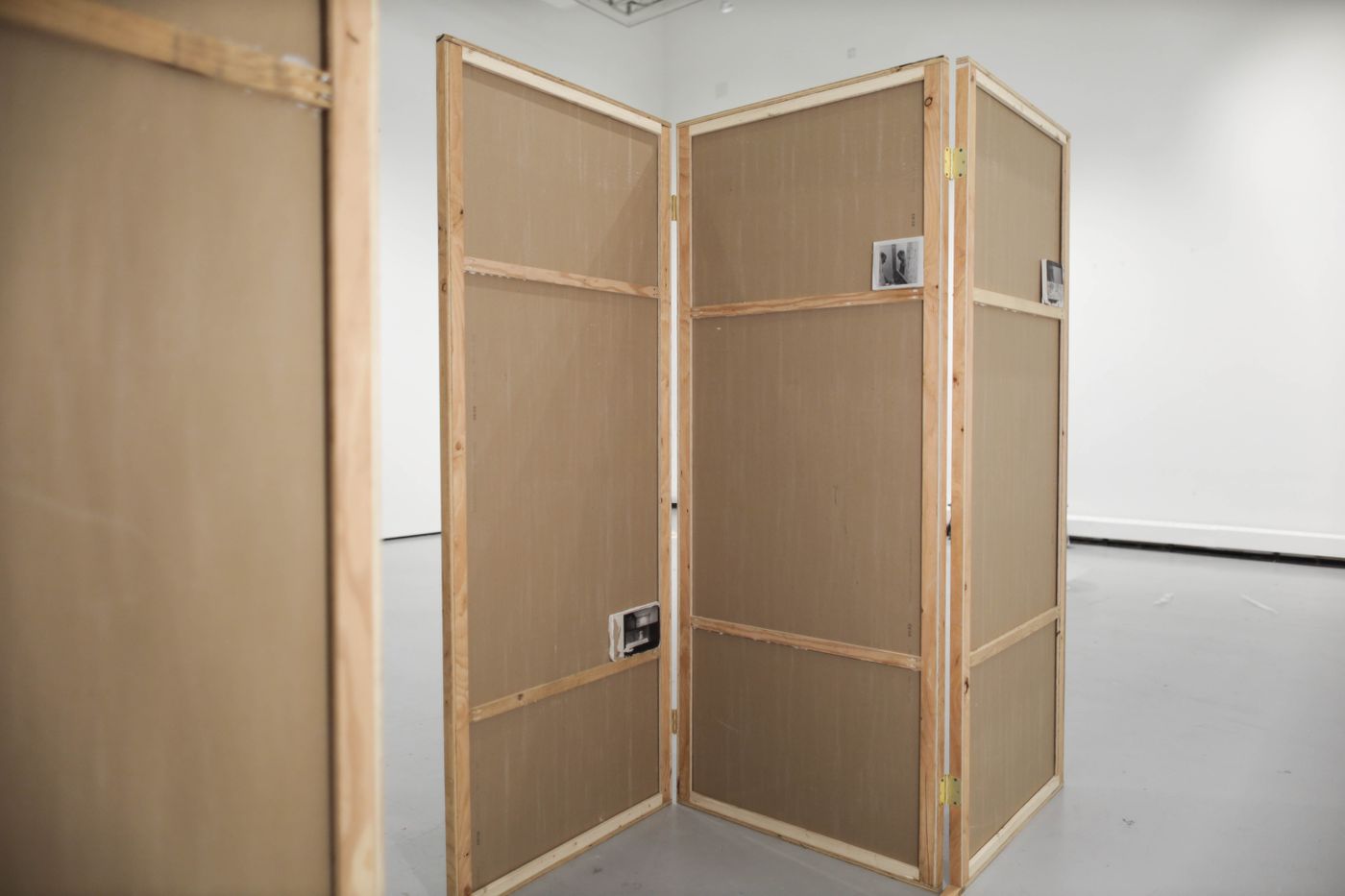 Touch and Recognition I+II, 2022. Drywall, wood, construction adhesive, hinges, screws; giclée transfer prints; 96 x 152 x 38 in. Photo: Allison Minto.
