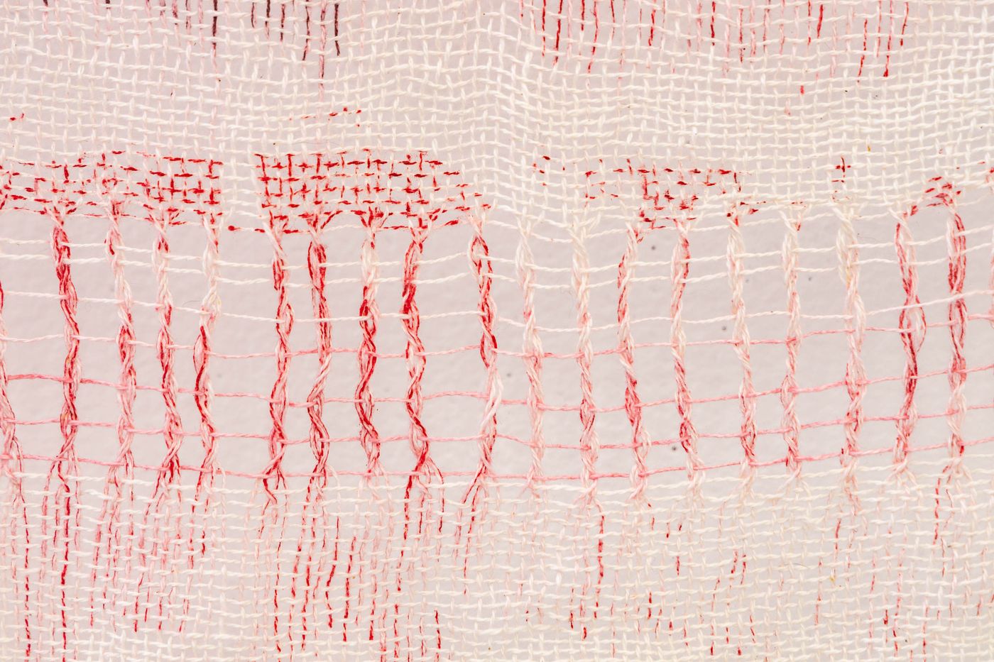 THE ELEMENTS MIGHT STAND UP (detail), 2022. Woven on rigid heddle loom with dye and leno-weave; 25.5 x 62.5 in. Photo: Meghan Olson.
