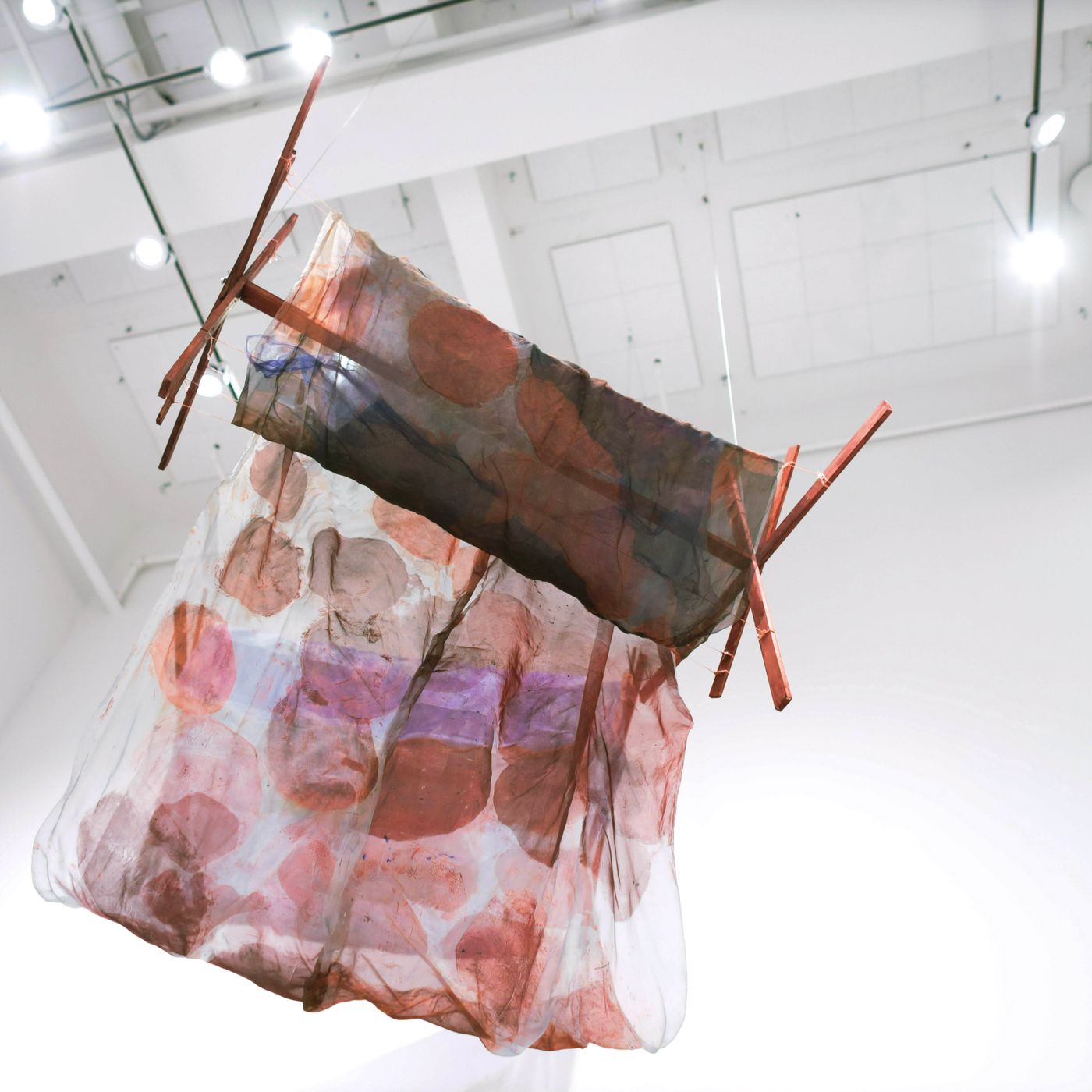 Spinning Wheels, 2022. Dye on silk organza; 112 x 96 x 36 in. Photo: Opal Ecker DeRuvo.