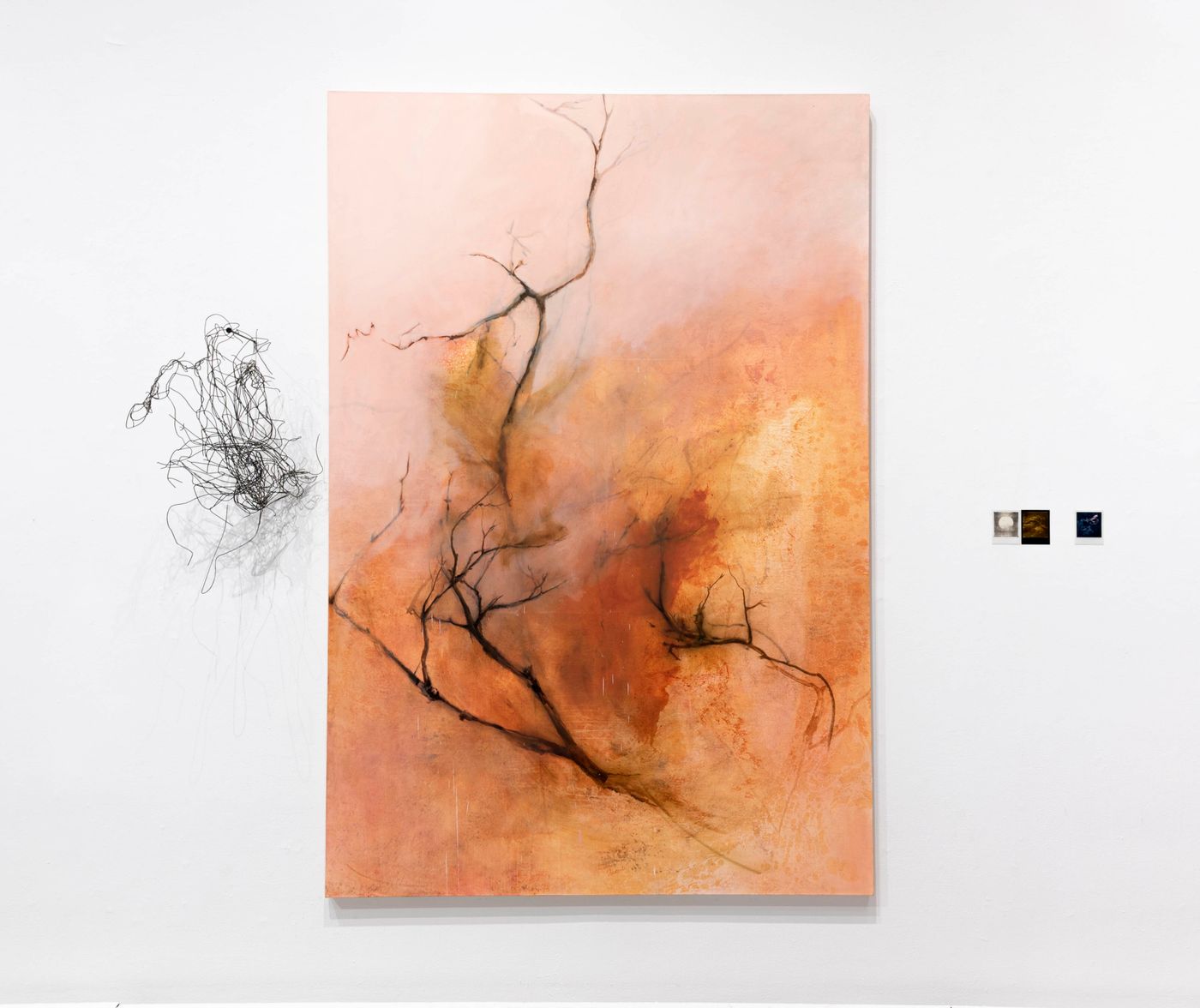 Tangle with Modern Prometheus, 2022. Zinc coated steel, oil on canvas; 21 x 21 in. and 65 x 96 in. Photo: Allison Minto.