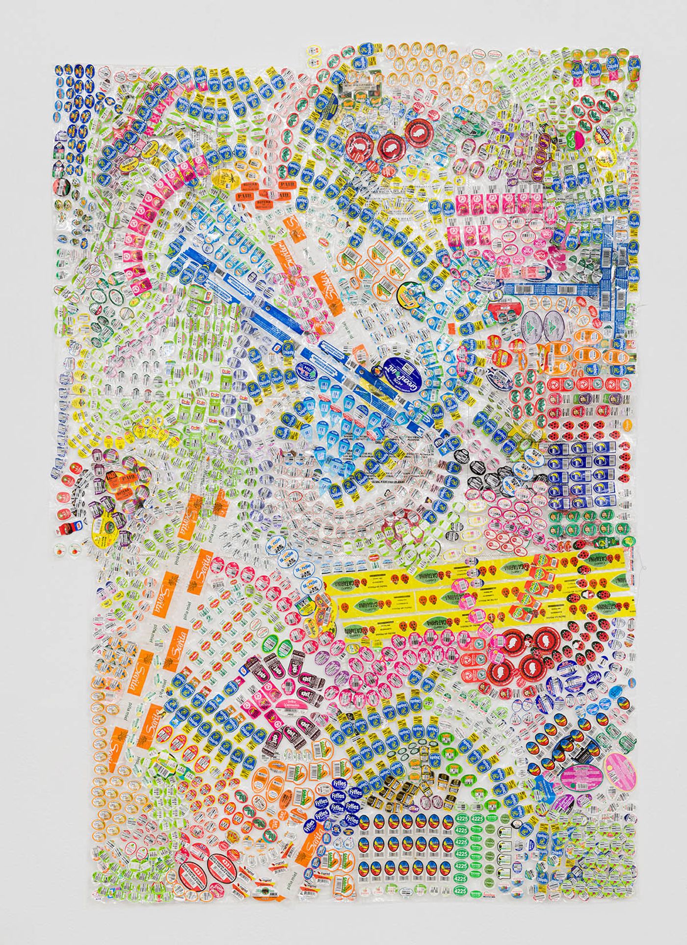 Calcomanías / Food stickers, 2021. Food stickers on sewn plastic; 59 x 40 in. Photo: Etienne Frossard.