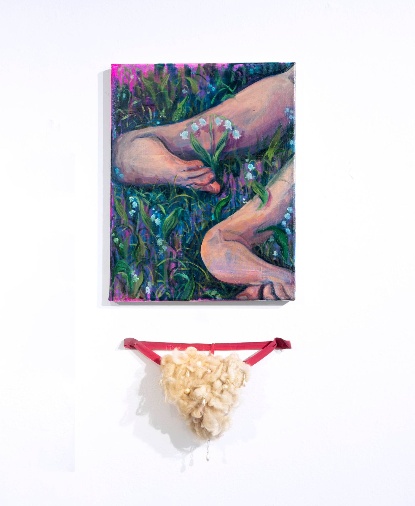 Healing Devotional, 2022. Acrylic and oil on canvas; 13 x 18 in. Sunday’s Best, 2022. Unwashed wool, pearls, fishing line, thong. Photo: Allison Minto.